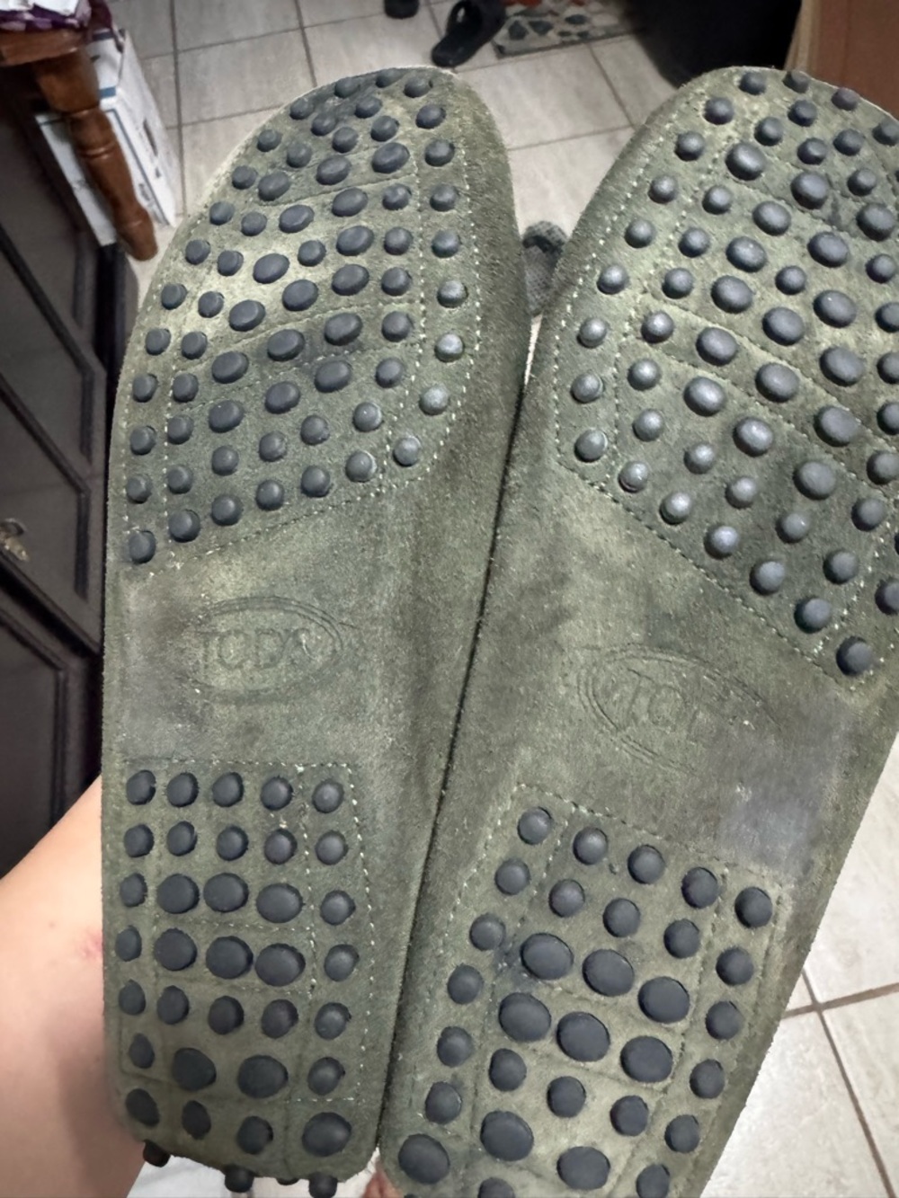 Tod's Olive Suede Driver Mocs with Black Pebbled Sole - Picture 8 of 8